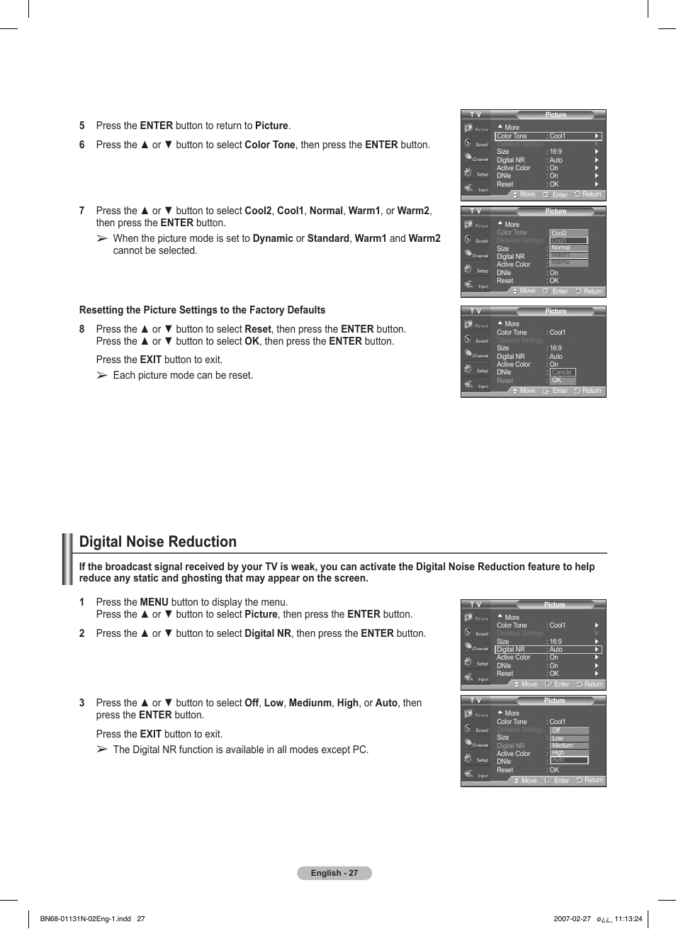 Digital noise reduction, Each picture mode can be reset | Samsung HPT4264X-XAA User Manual | Page 27 / 82