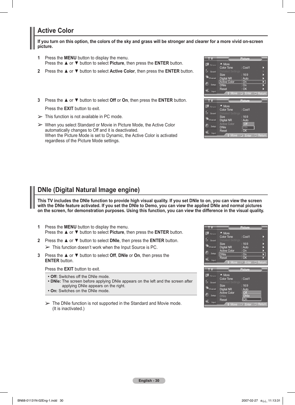 Active color, Dnie (digital natural image engine), This function is not available in pc mode | Samsung HPT4264X-XAA User Manual | Page 30 / 82