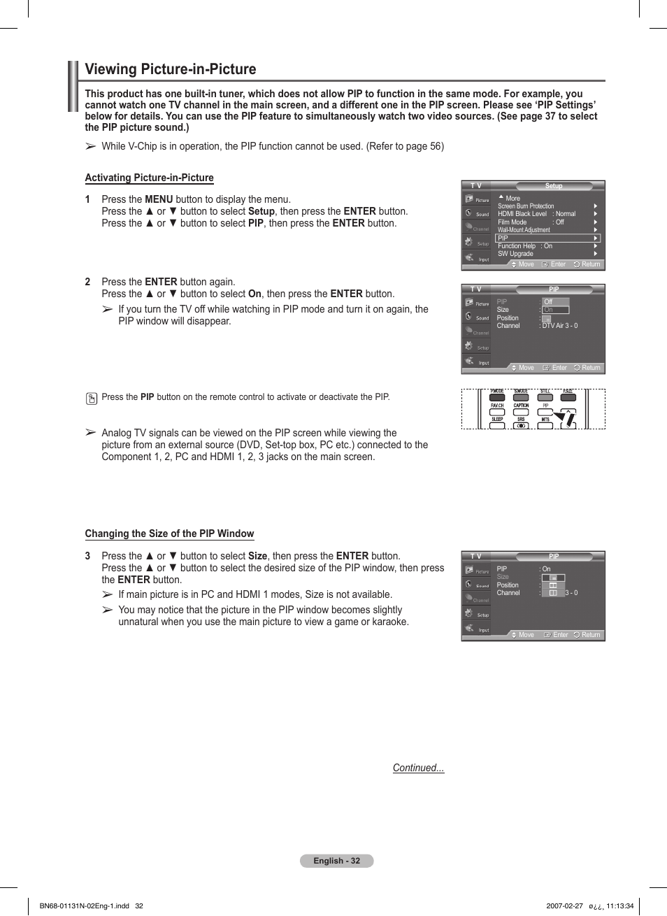 Viewing picture-in-picture | Samsung HPT4264X-XAA User Manual | Page 32 / 82