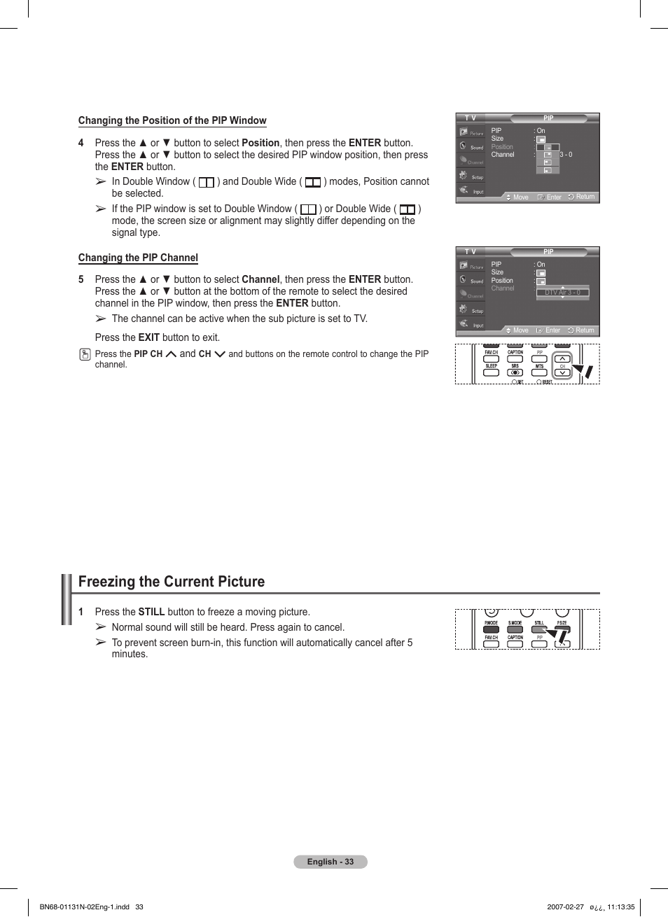 Freezing the current picture | Samsung HPT4264X-XAA User Manual | Page 33 / 82