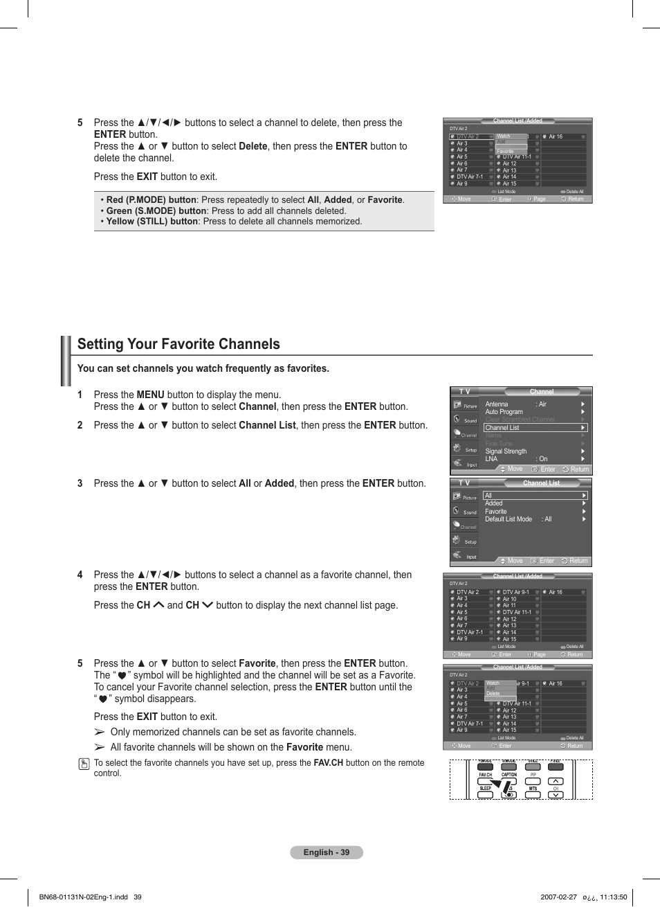 Setting your favorite channels | Samsung HPT4264X-XAA User Manual | Page 39 / 82