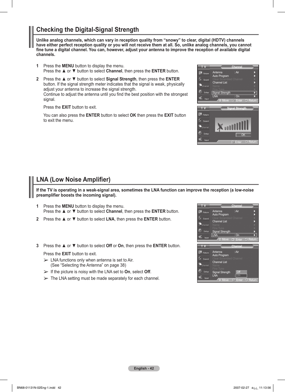 Checking the digital-signal strength, Lna (low noise amplifier) | Samsung HPT4264X-XAA User Manual | Page 42 / 82