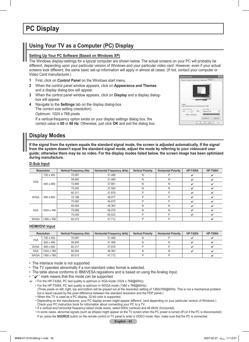 Pc display, Using your tv as a computer (pc) display, Display modes | Samsung HPT4264X-XAA User Manual | Page 43 / 82