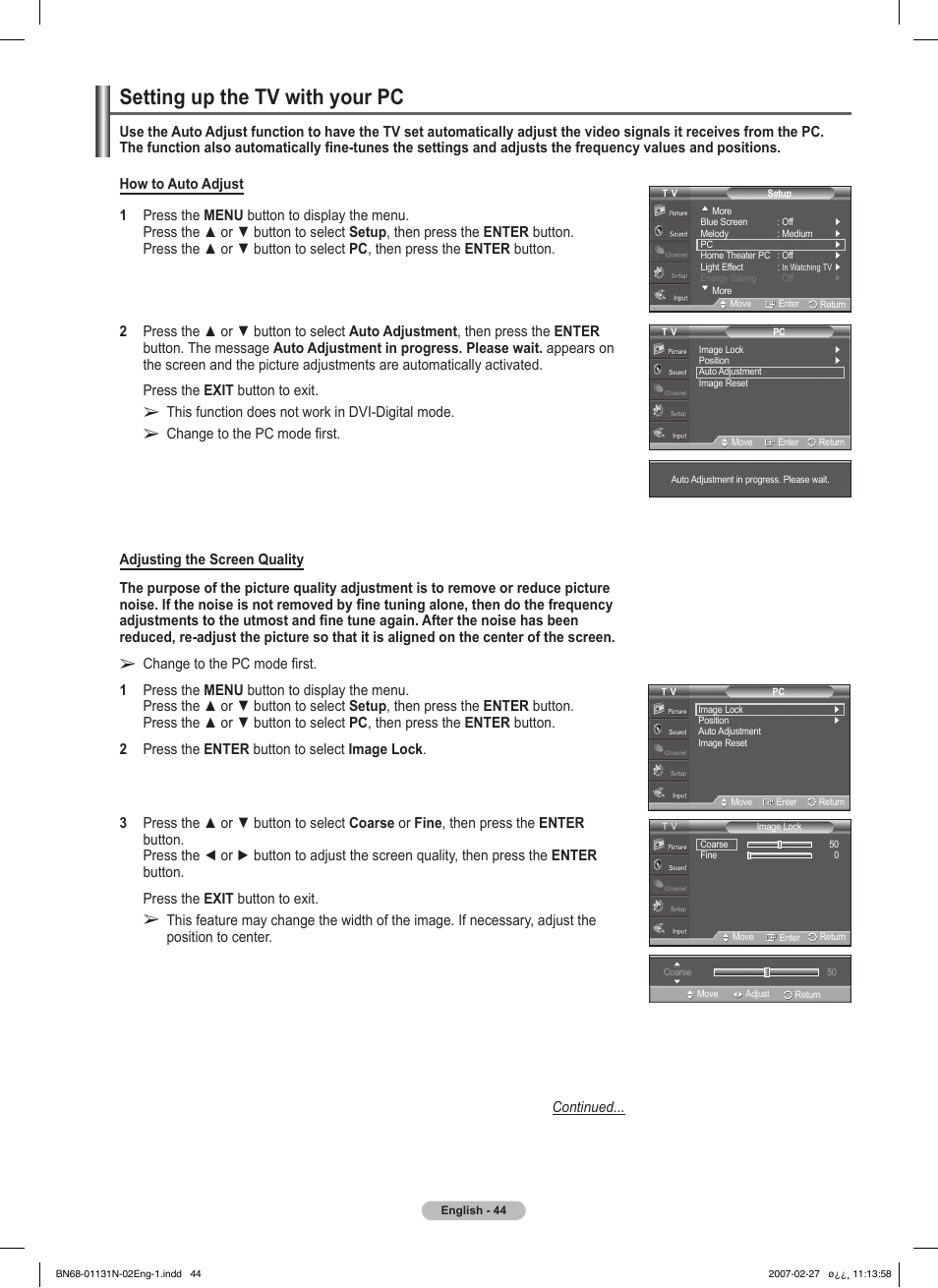 Setting up the tv with your pc | Samsung HPT4264X-XAA User Manual | Page 44 / 82