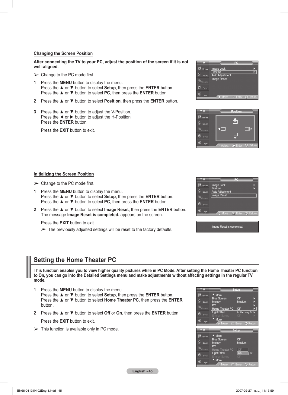 Setting the home theater pc | Samsung HPT4264X-XAA User Manual | Page 45 / 82