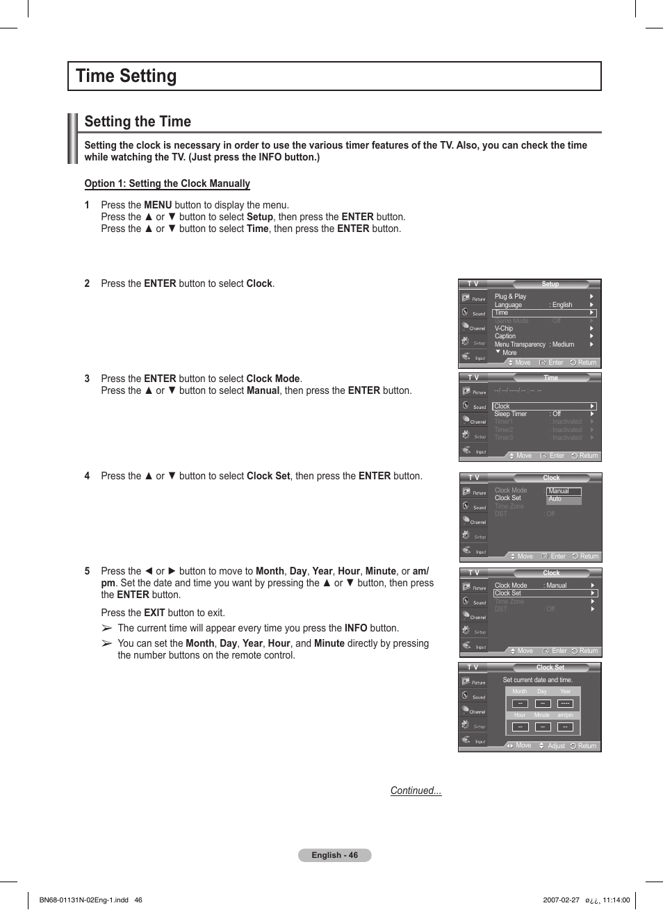 Time setting, Setting the time | Samsung HPT4264X-XAA User Manual | Page 46 / 82