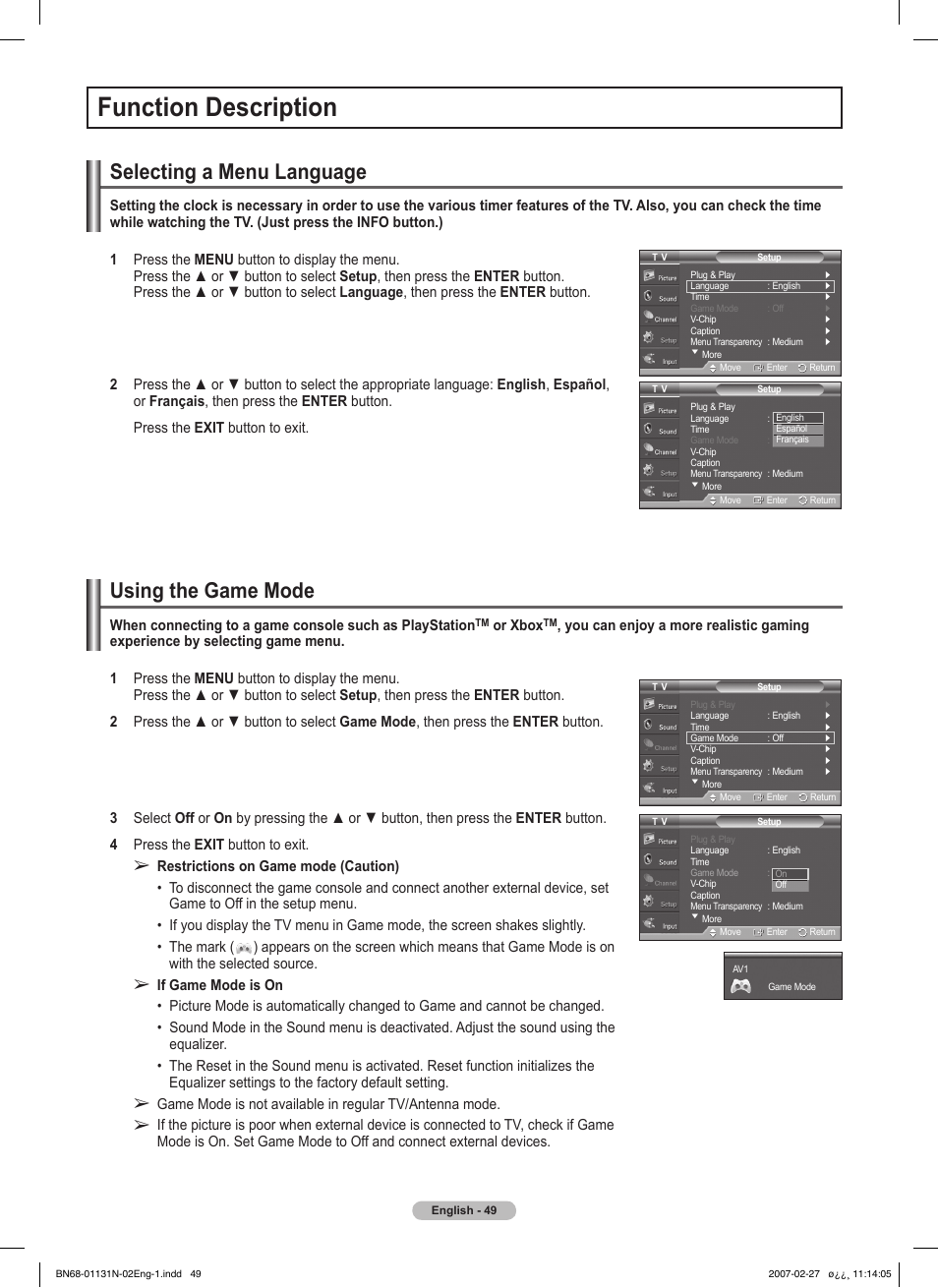 Function description, Selecting a menu language, Using the game mode | Samsung HPT4264X-XAA User Manual | Page 49 / 82