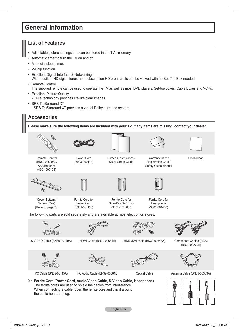 General information, List of features, Accessories | Samsung HPT4264X-XAA User Manual | Page 5 / 82