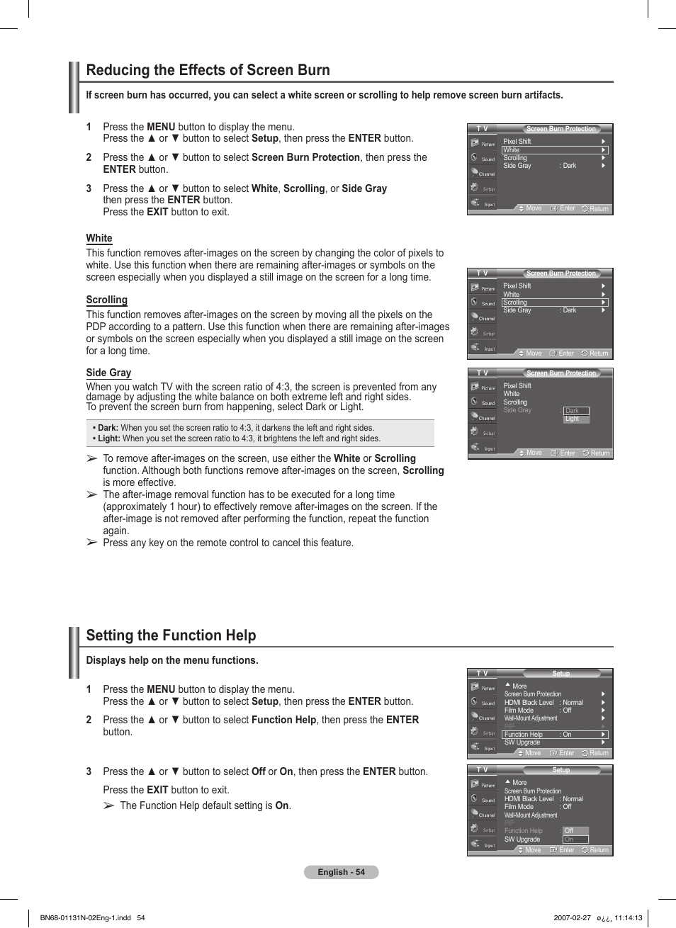 Reducing the effects of screen burn, Setting the function help | Samsung HPT4264X-XAA User Manual | Page 54 / 82