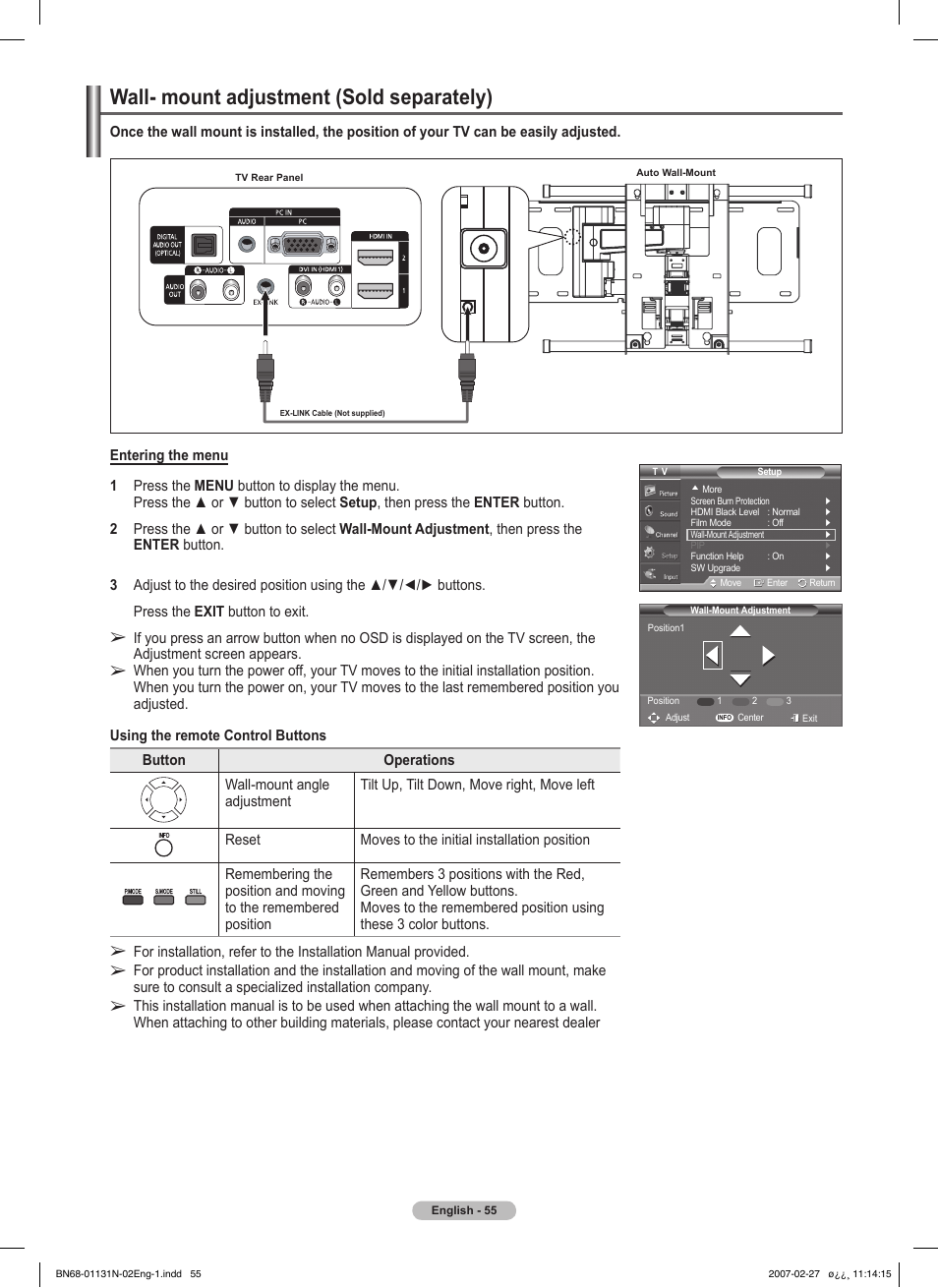 Wall- mount adjustment (sold separately) | Samsung HPT4264X-XAA User Manual | Page 55 / 82