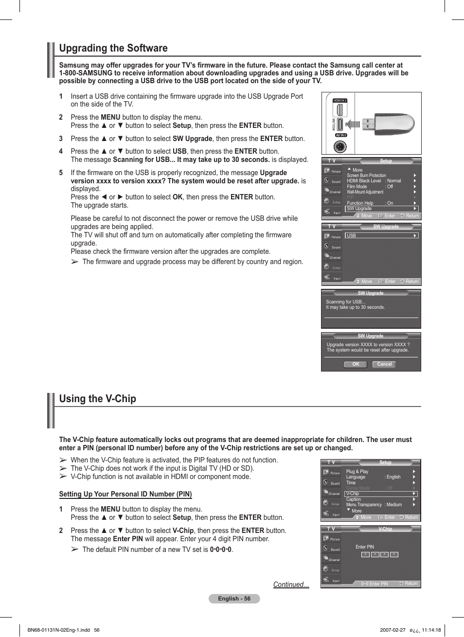 Upgrading the software, Using the v-chip | Samsung HPT4264X-XAA User Manual | Page 56 / 82