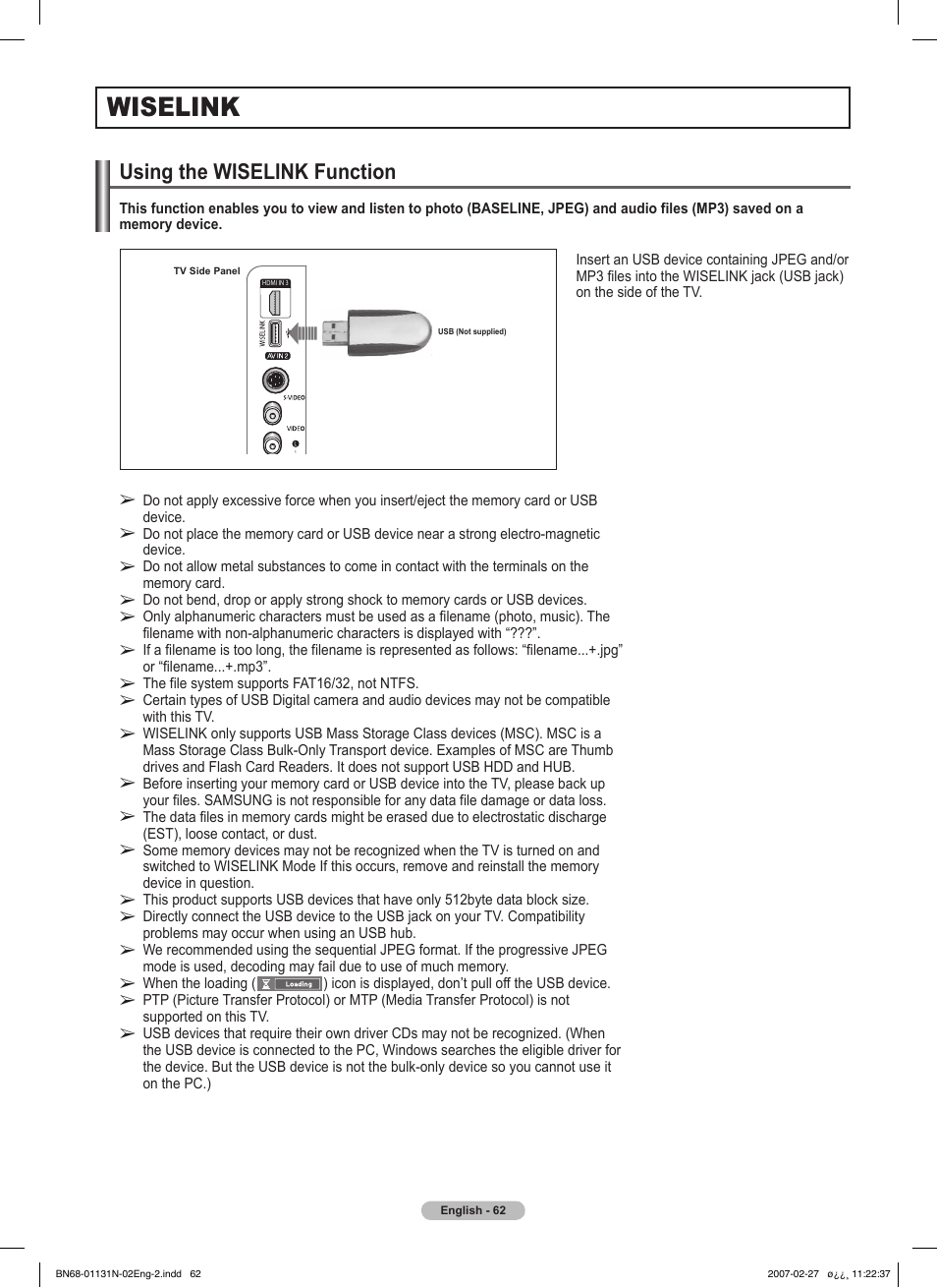 Wiselink, Using the wiselink function | Samsung HPT4264X-XAA User Manual | Page 62 / 82