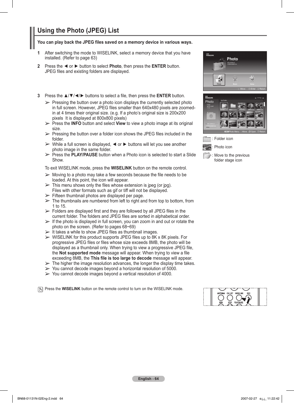 Using the photo (jpeg) list | Samsung HPT4264X-XAA User Manual | Page 64 / 82