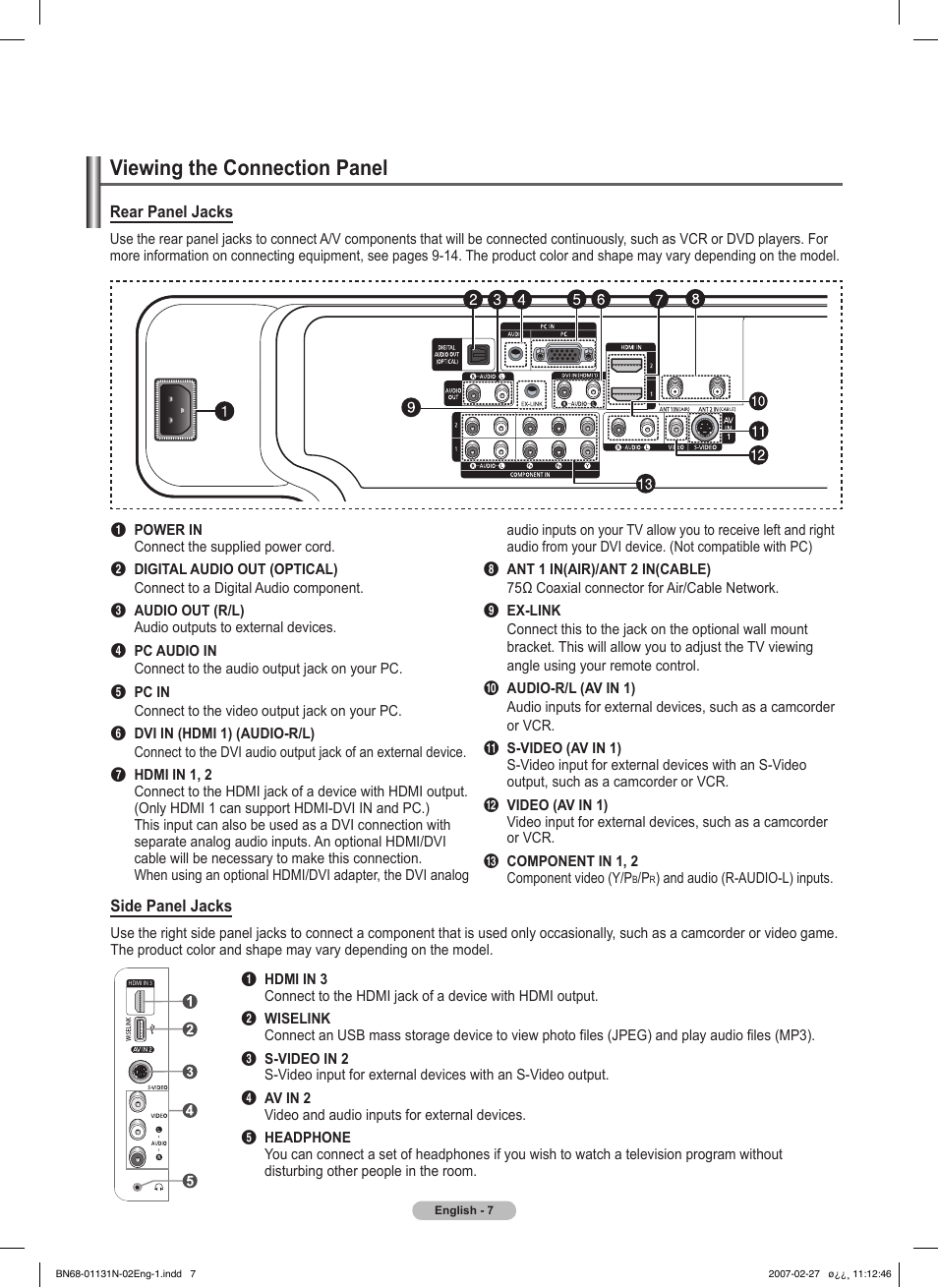 Viewing the connection panel | Samsung HPT4264X-XAA User Manual | Page 7 / 82