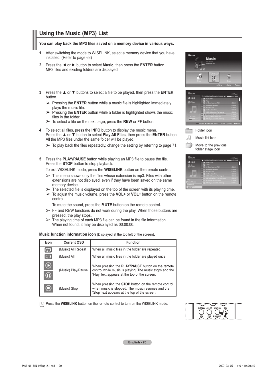 Using the music (mp3) list | Samsung HPT4264X-XAA User Manual | Page 70 / 82