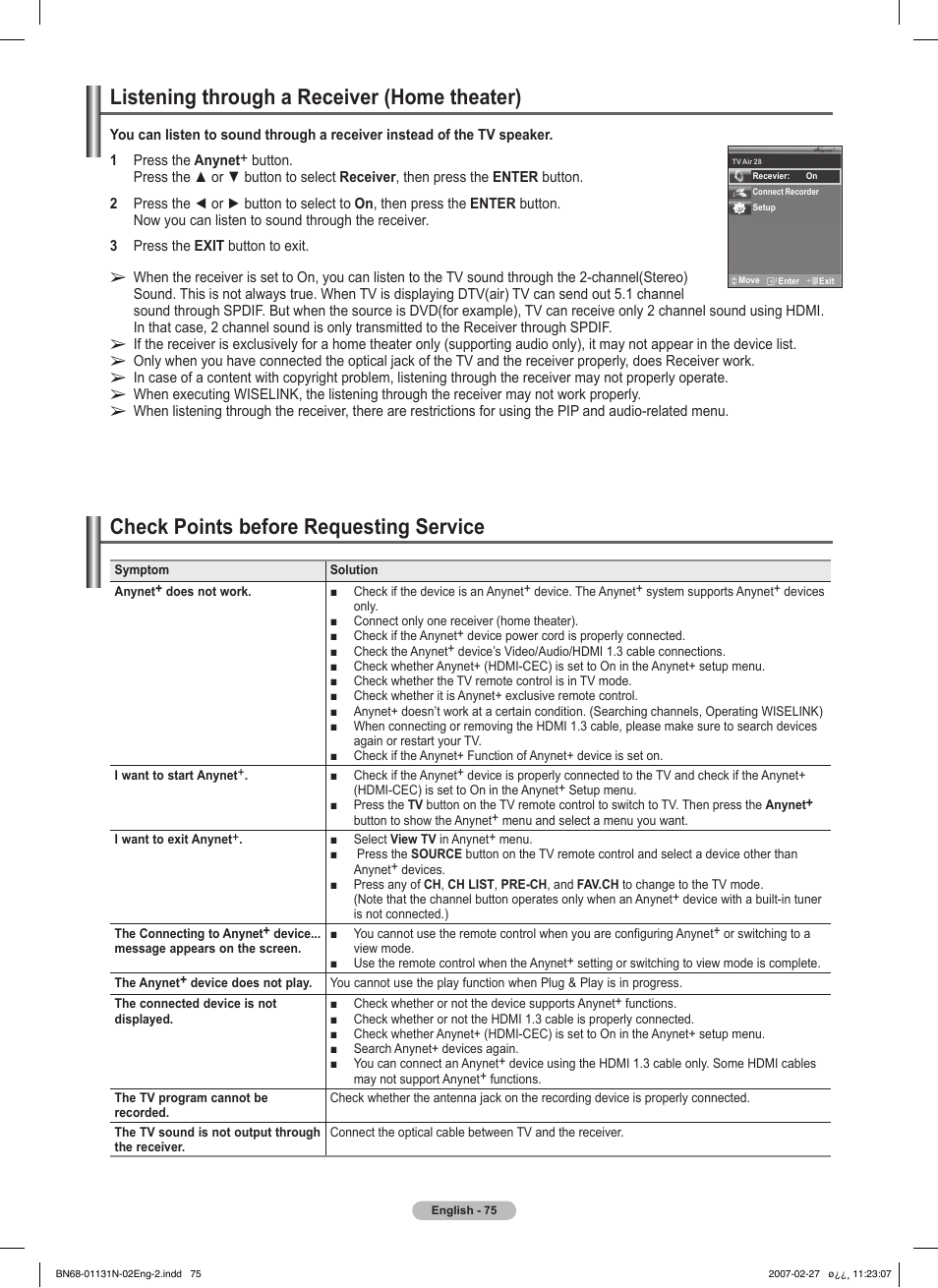 Listening through a receiver (home theater), Check points before requesting service | Samsung HPT4264X-XAA User Manual | Page 75 / 82