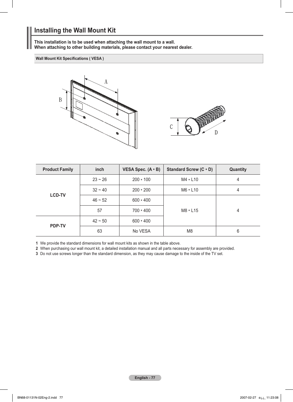 Installing the wall mount kit | Samsung HPT4264X-XAA User Manual | Page 77 / 82