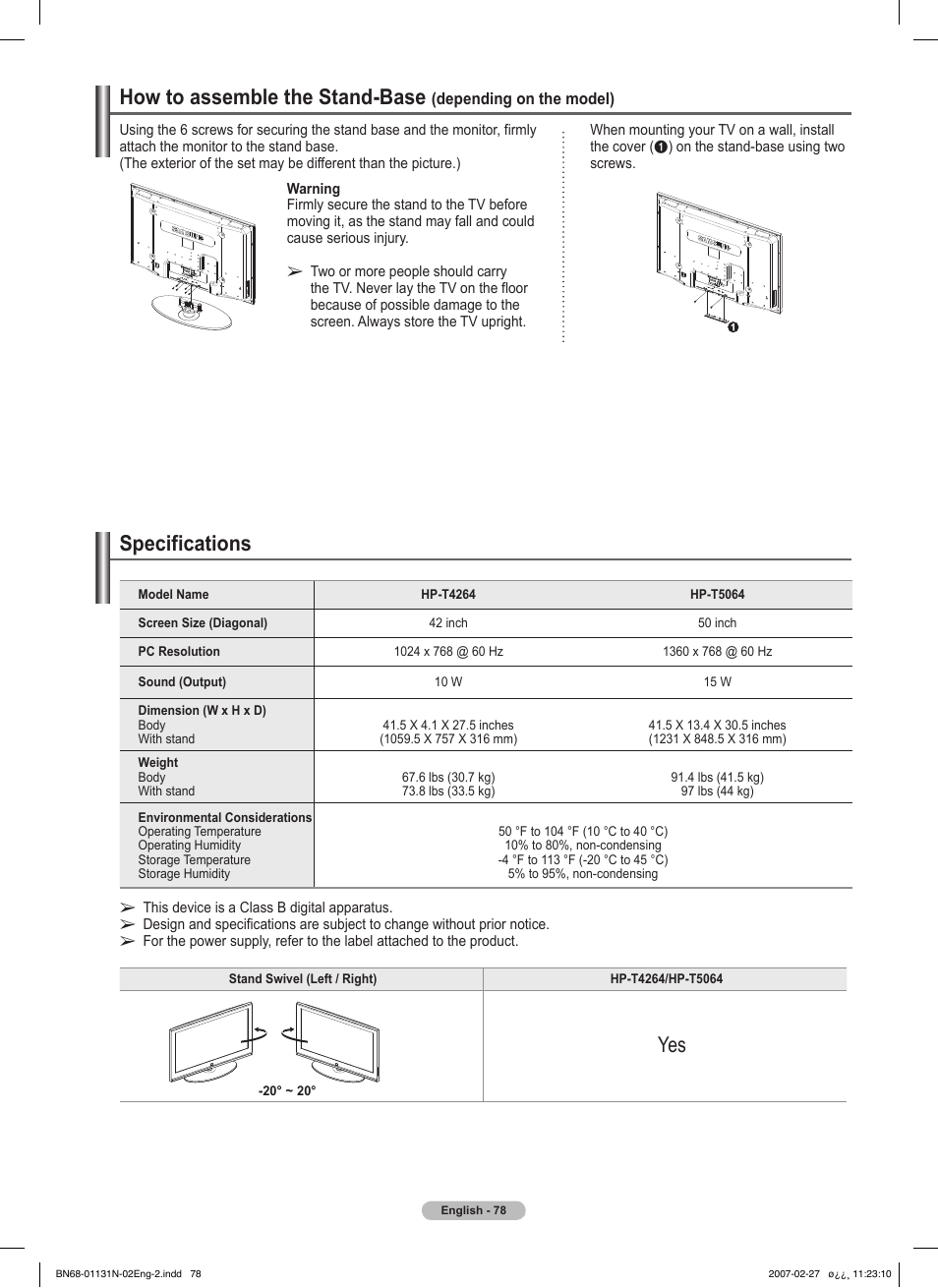 Specifications, How to assemble the stand-base, Specifications yes | Samsung HPT4264X-XAA User Manual | Page 78 / 82