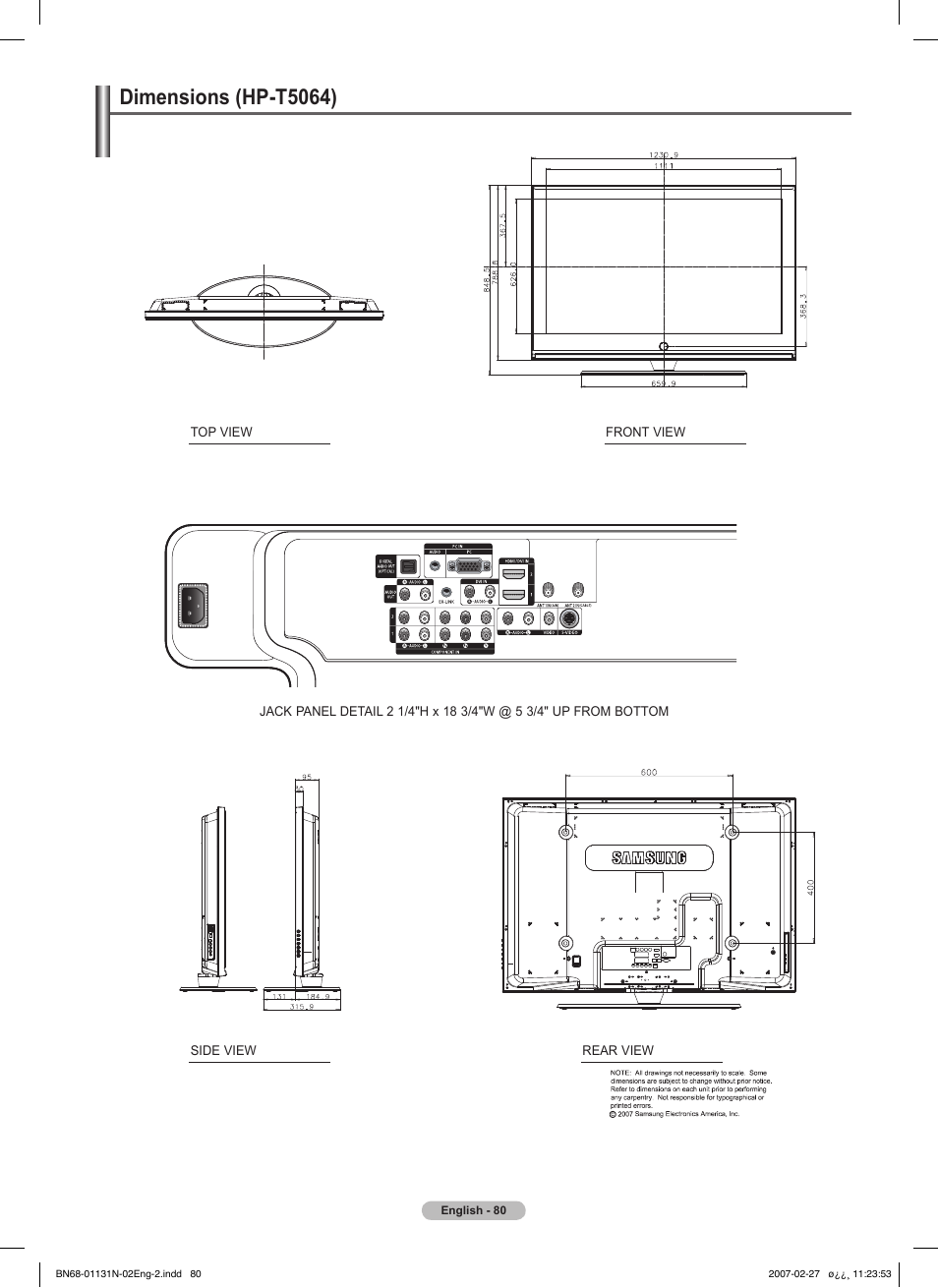 Dimensions (hp-t5064), This page is intentionally left blank | Samsung HPT4264X-XAA User Manual | Page 80 / 82