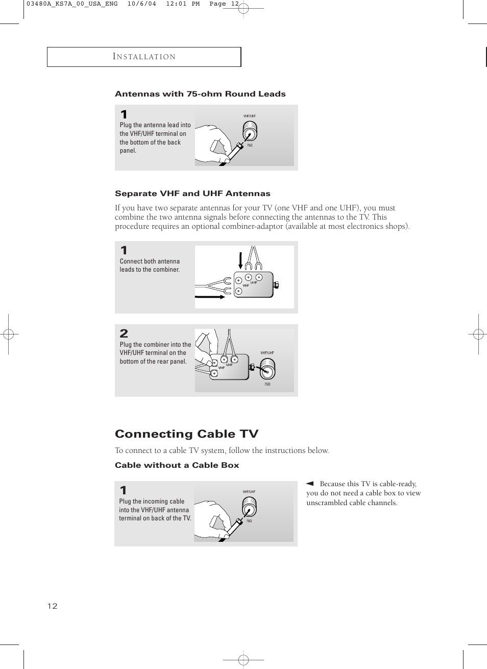 Antennas with 75-ohm round leads, Separate vhf and uhf antennas, Connecting cable tv | Cable without a cable box | Samsung TXP2730S-XAA User Manual | Page 12 / 63