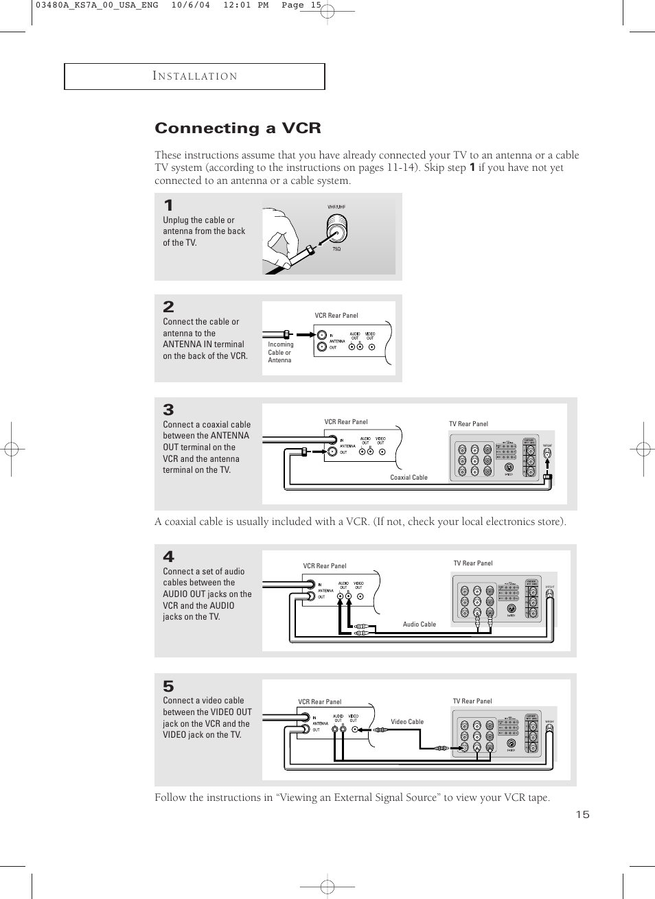 Connecting a vcr | Samsung TXP2730S-XAA User Manual | Page 15 / 63