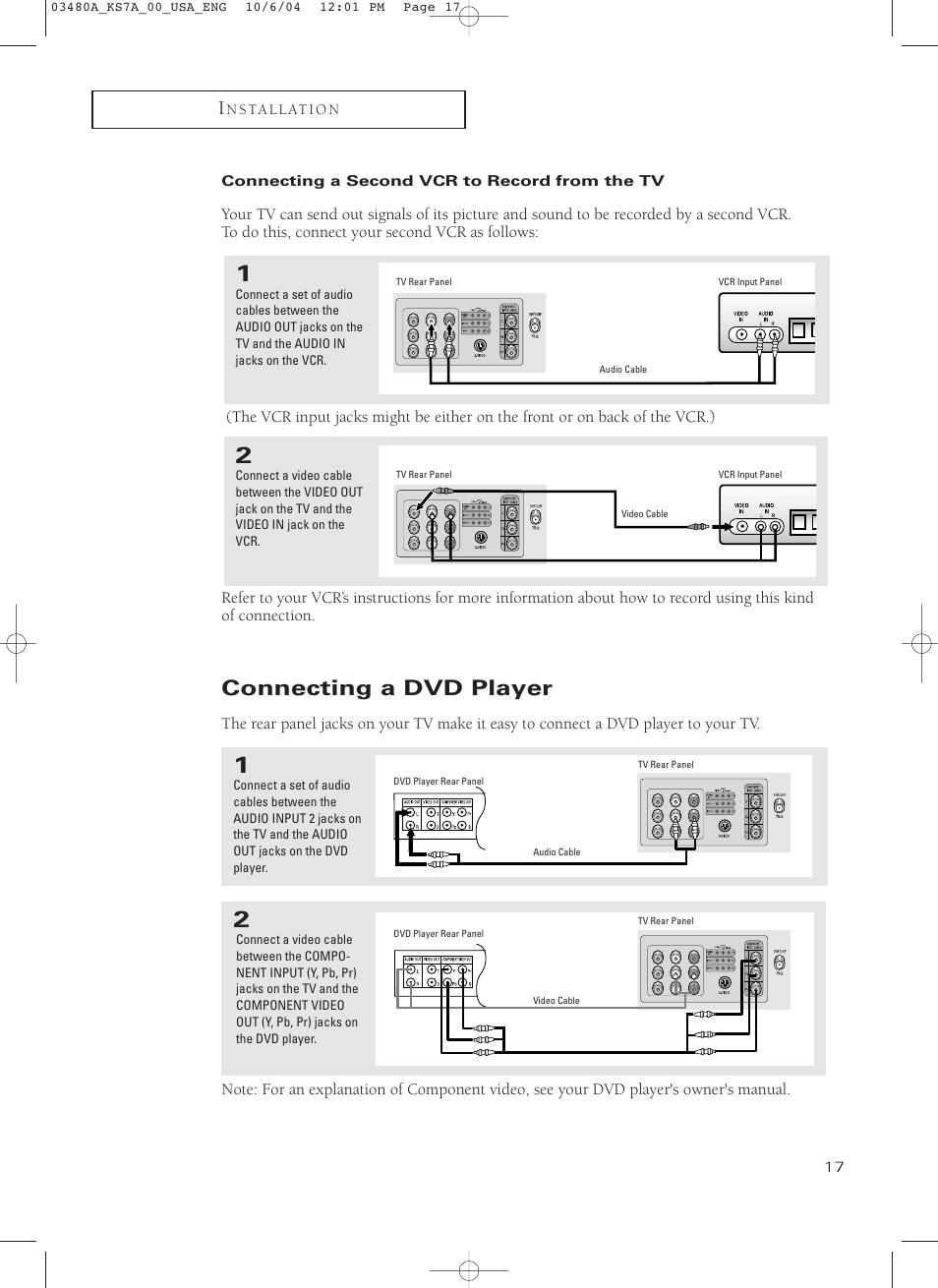 Connecting a second vcr to record from the tv, Connecting a dvd player | Samsung TXP2730S-XAA User Manual | Page 17 / 63