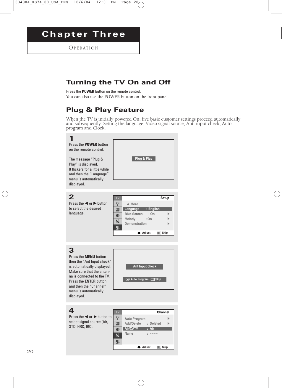 Chapter 3: operation, Turning the tv on and off, Plug & play feature | Samsung TXP2730S-XAA User Manual | Page 20 / 63