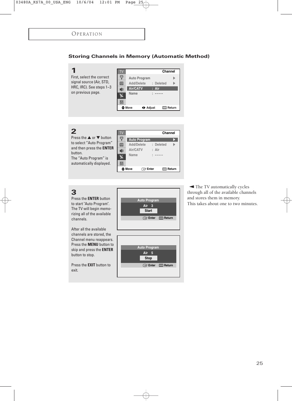 Storing channels in memory (automatic method) | Samsung TXP2730S-XAA User Manual | Page 25 / 63