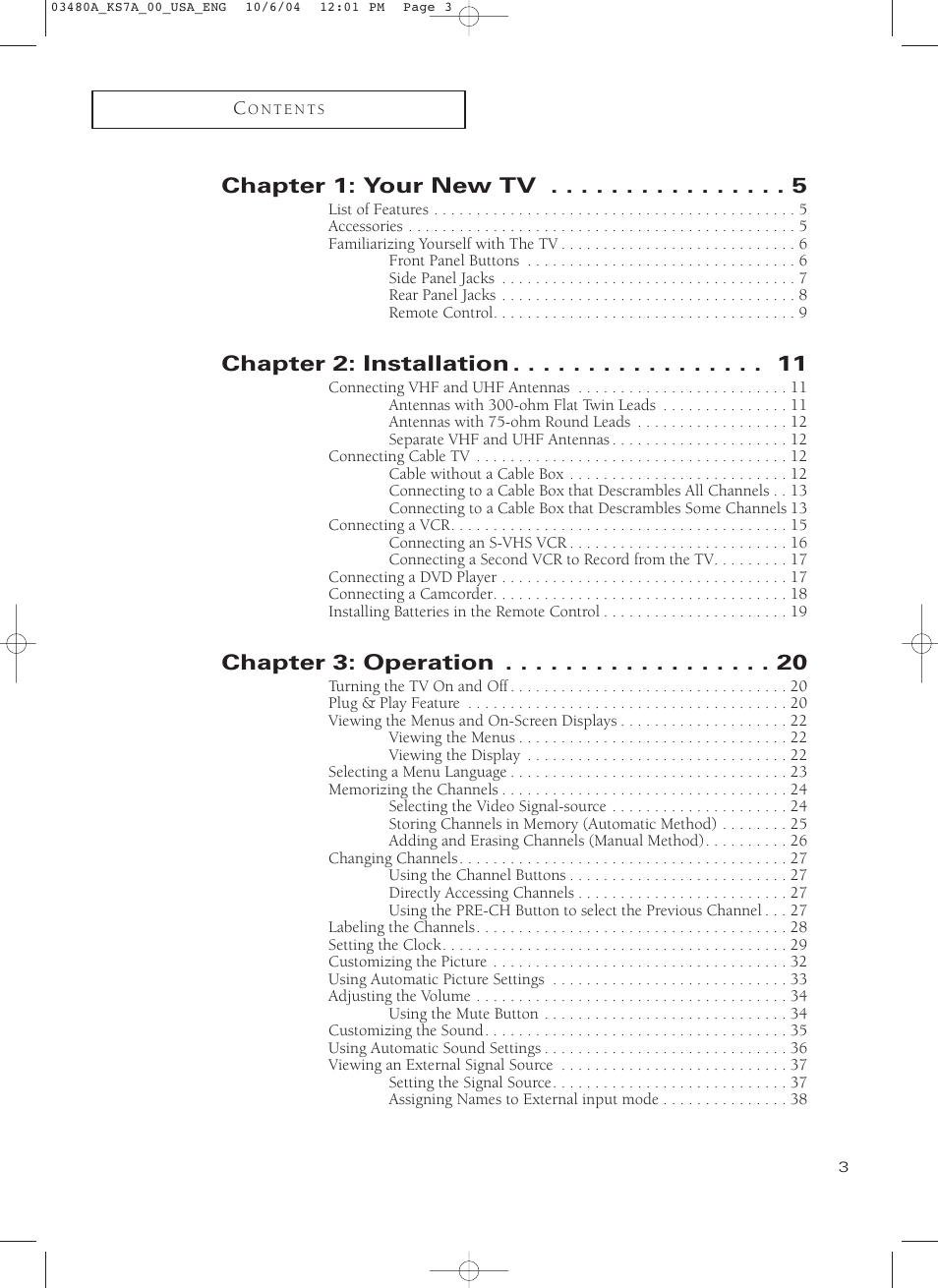 Chapter 1: your new tv, Chapter 2: installation, Chapter 3: operation | Samsung TXP2730S-XAA User Manual | Page 3 / 63