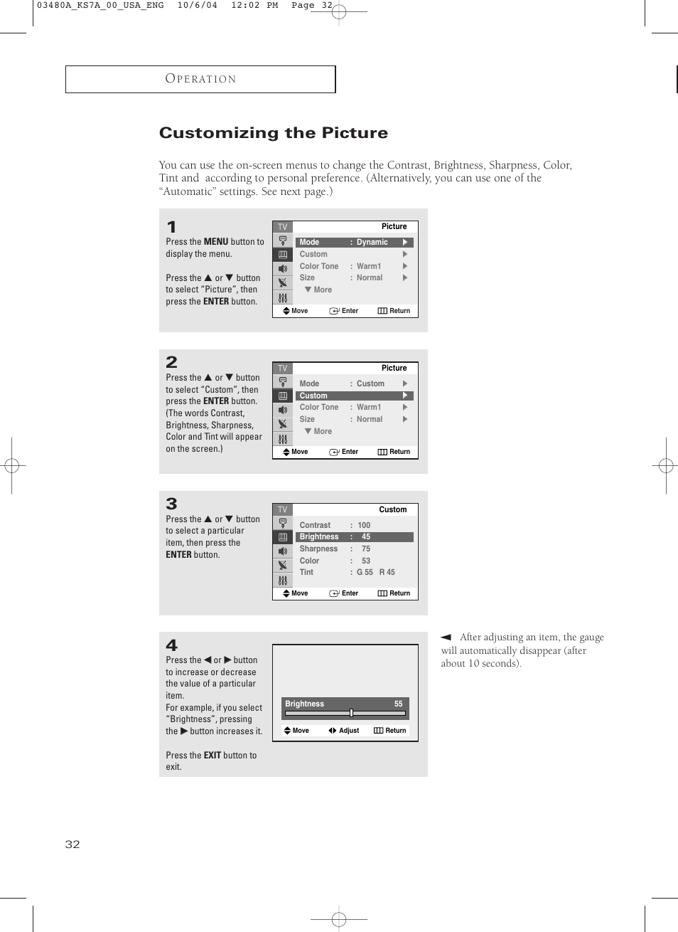 Customizing the picture | Samsung TXP2730S-XAA User Manual | Page 32 / 63