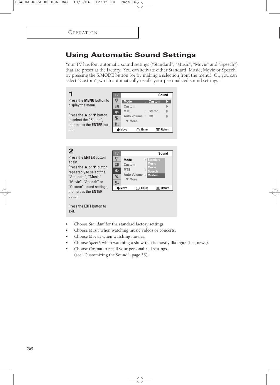 Using automatic sound settings | Samsung TXP2730S-XAA User Manual | Page 36 / 63