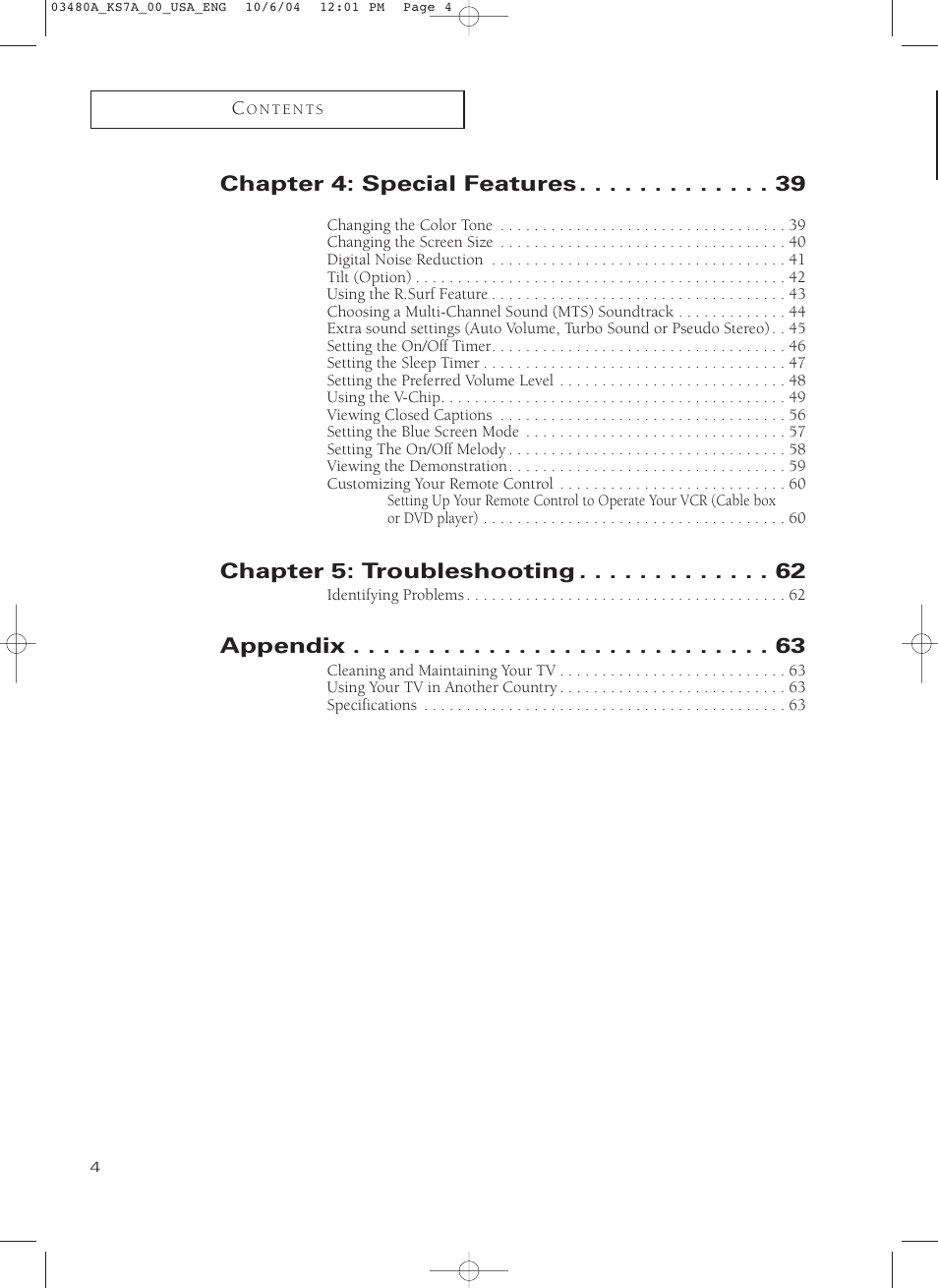 Chapter 4: special features, Chapter 5: troubleshooting, Appendix | Samsung TXP2730S-XAA User Manual | Page 4 / 63