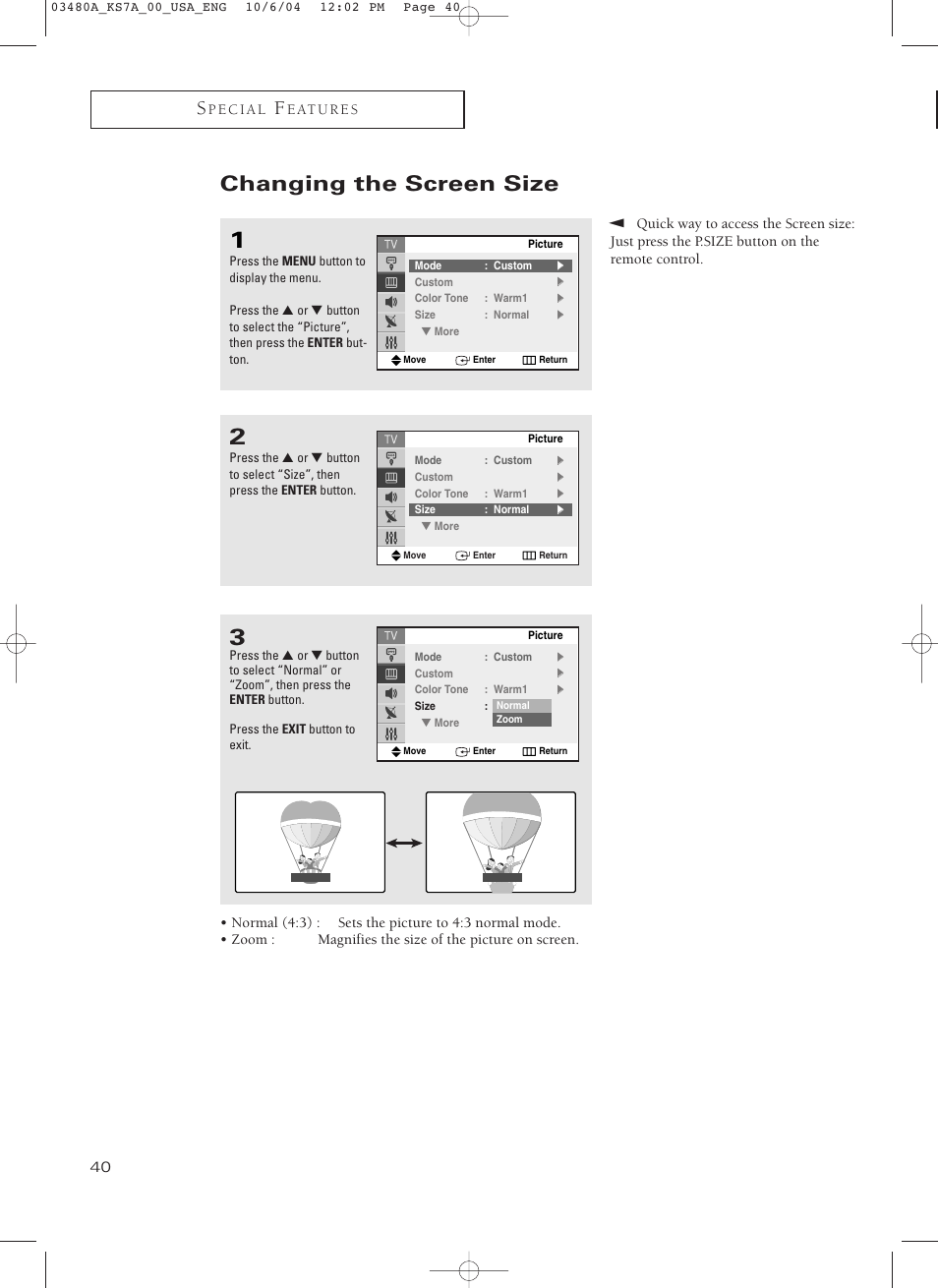 Changing the screen size | Samsung TXP2730S-XAA User Manual | Page 40 / 63