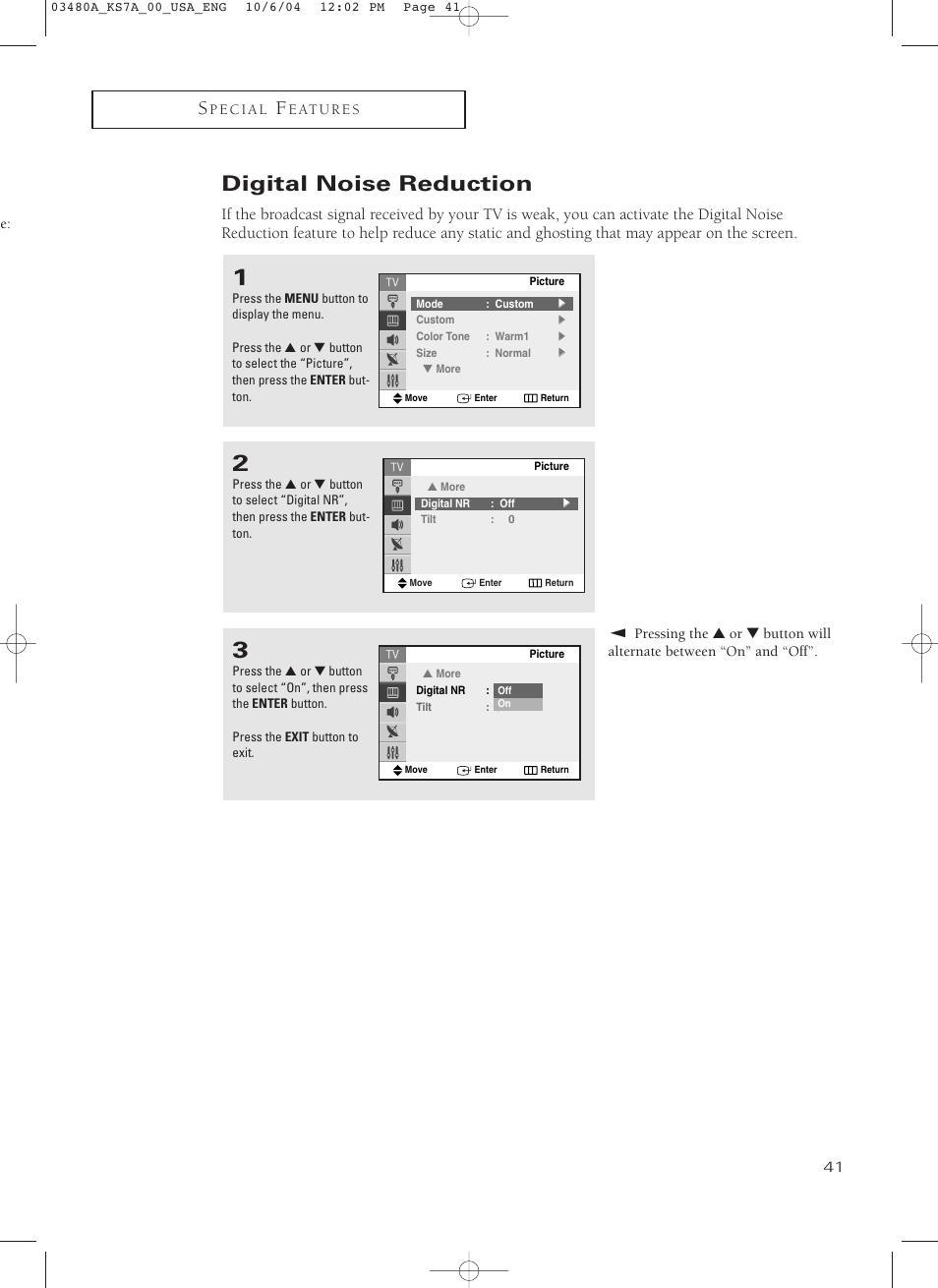 Digital noise reduction | Samsung TXP2730S-XAA User Manual | Page 41 / 63