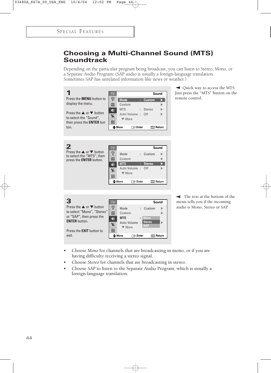 Choosing a multi-channel sound (mts) soundtrack | Samsung TXP2730S-XAA User Manual | Page 44 / 63