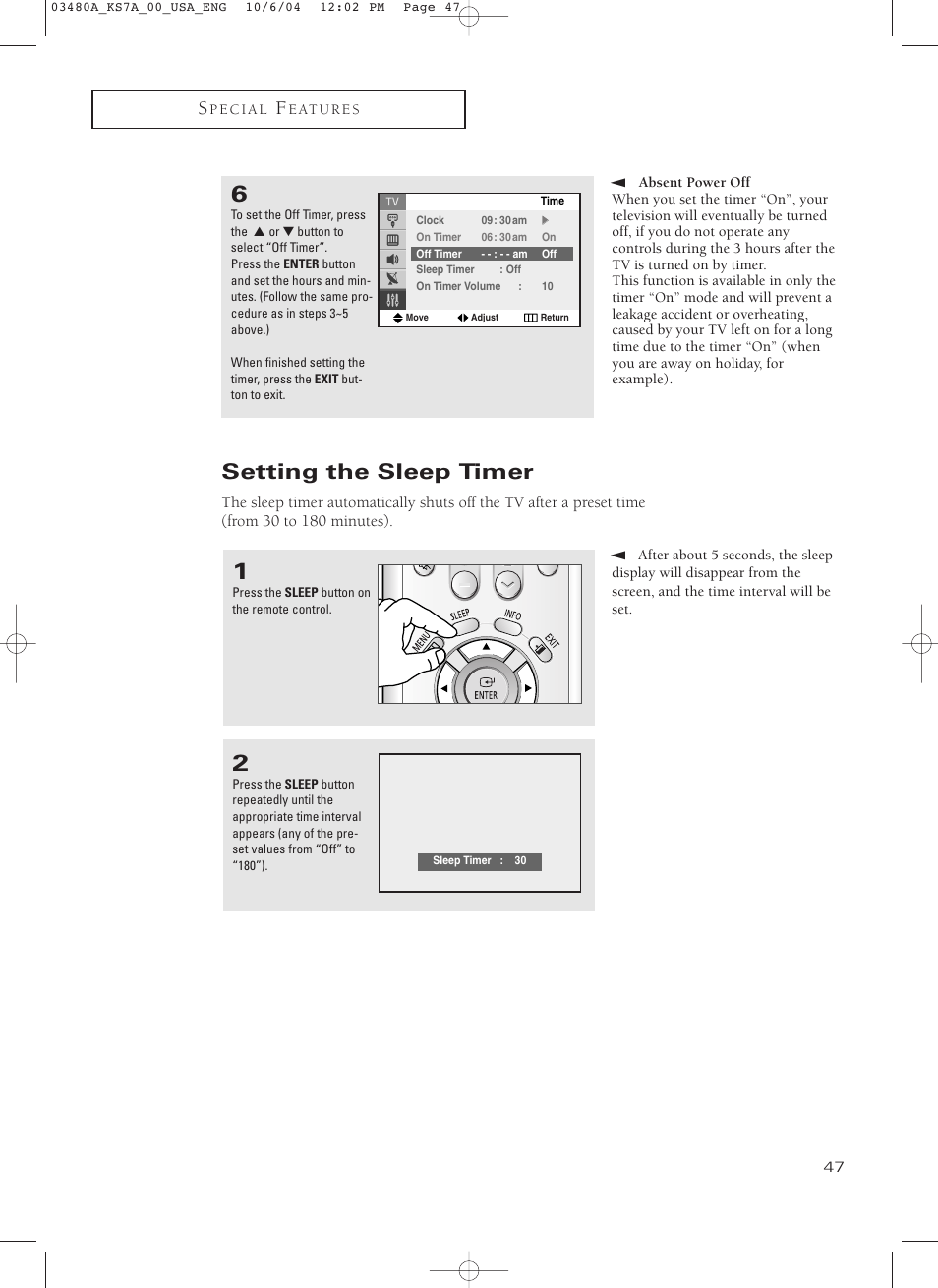 Setting the sleep timer | Samsung TXP2730S-XAA User Manual | Page 47 / 63