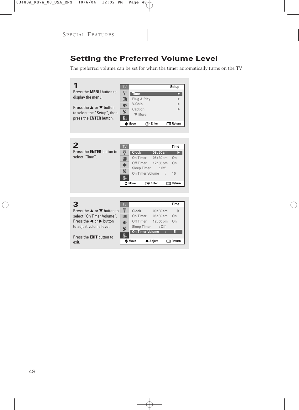 Setting the preferred volume level | Samsung TXP2730S-XAA User Manual | Page 48 / 63
