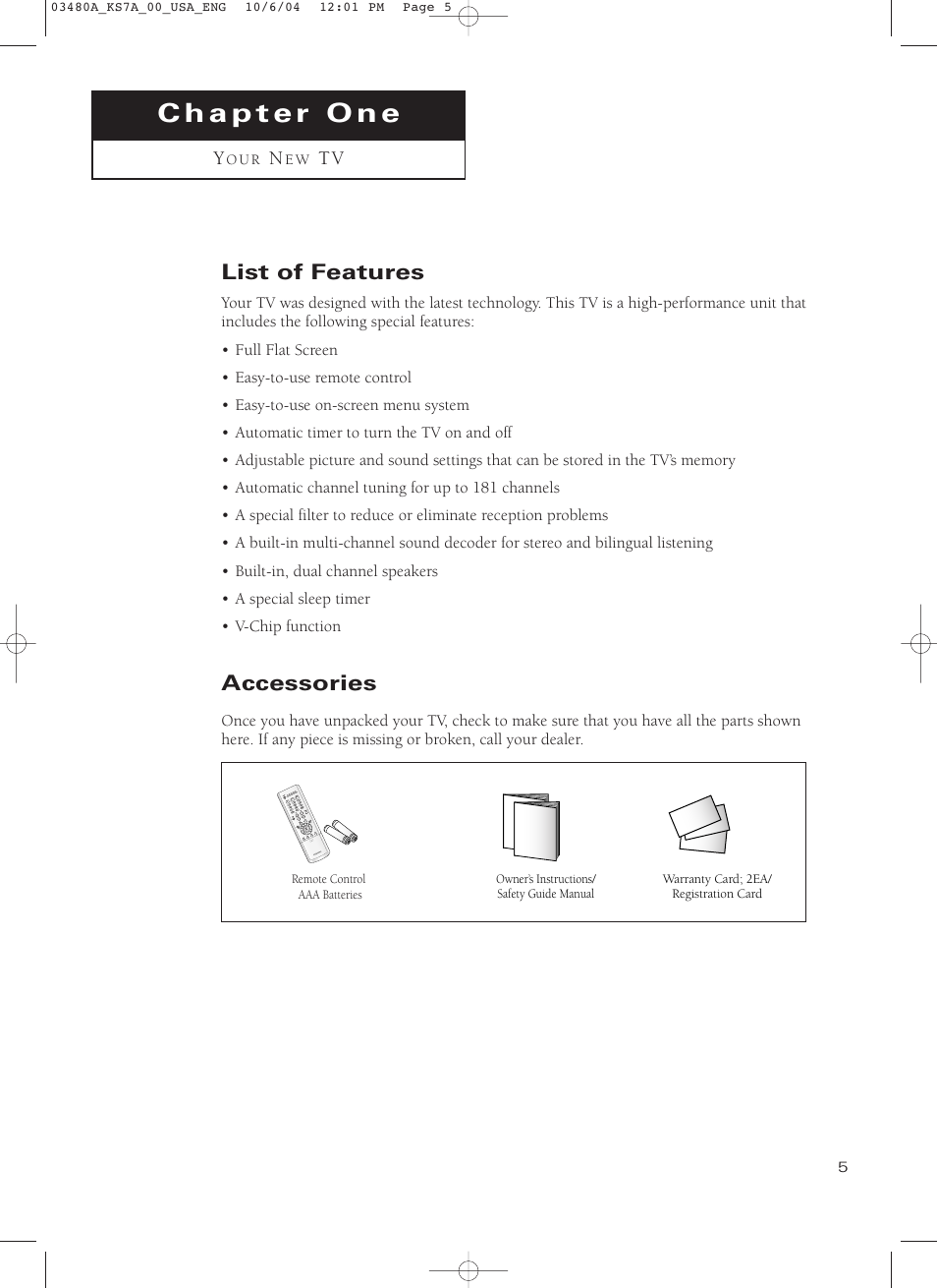 Chapter 1: your new tv, List of features, Accessories | Samsung TXP2730S-XAA User Manual | Page 5 / 63