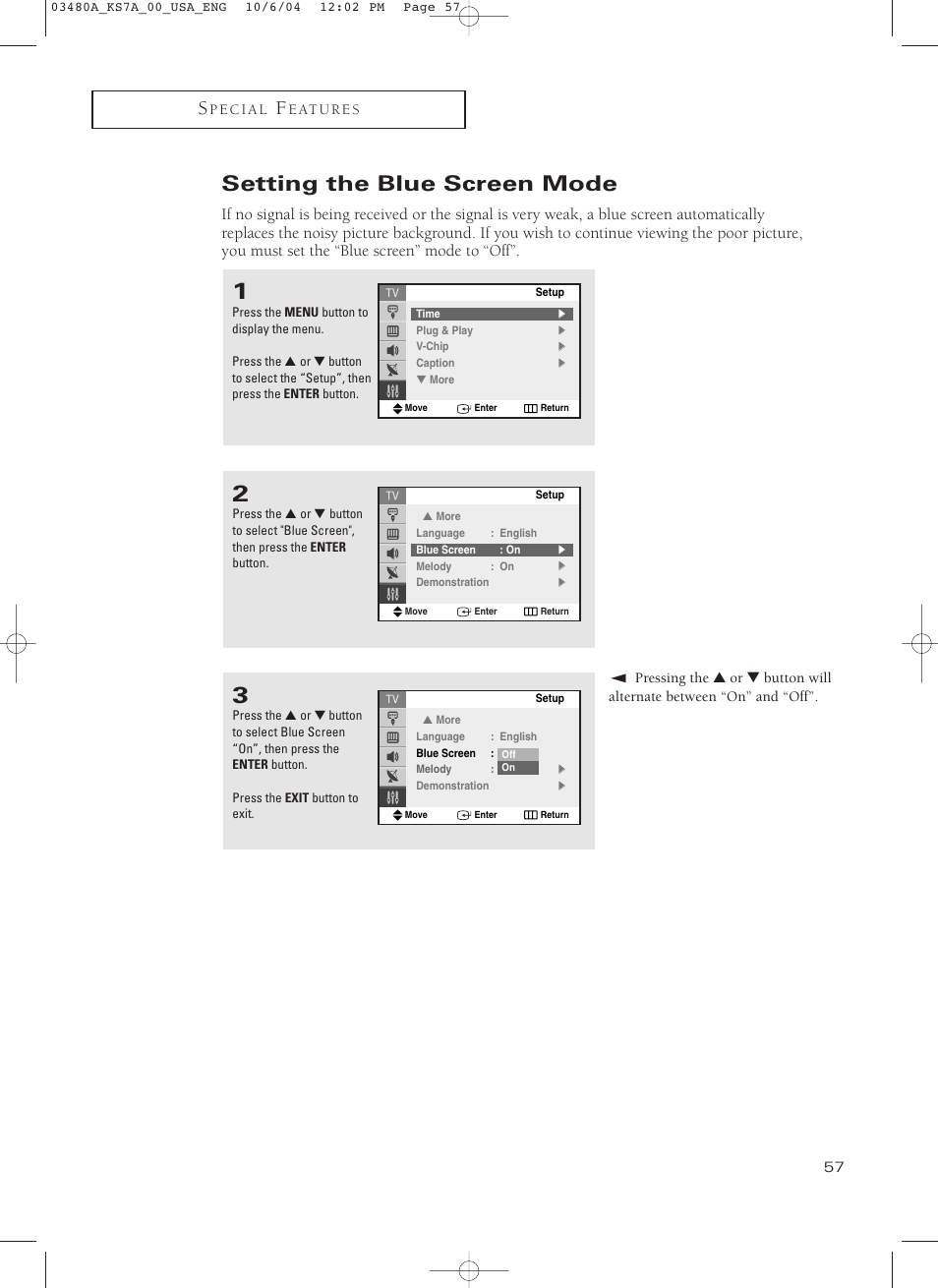 Setting the blue screen mode | Samsung TXP2730S-XAA User Manual | Page 57 / 63