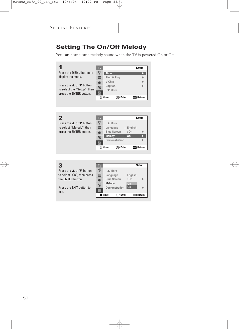 Setting the on/off melody | Samsung TXP2730S-XAA User Manual | Page 58 / 63