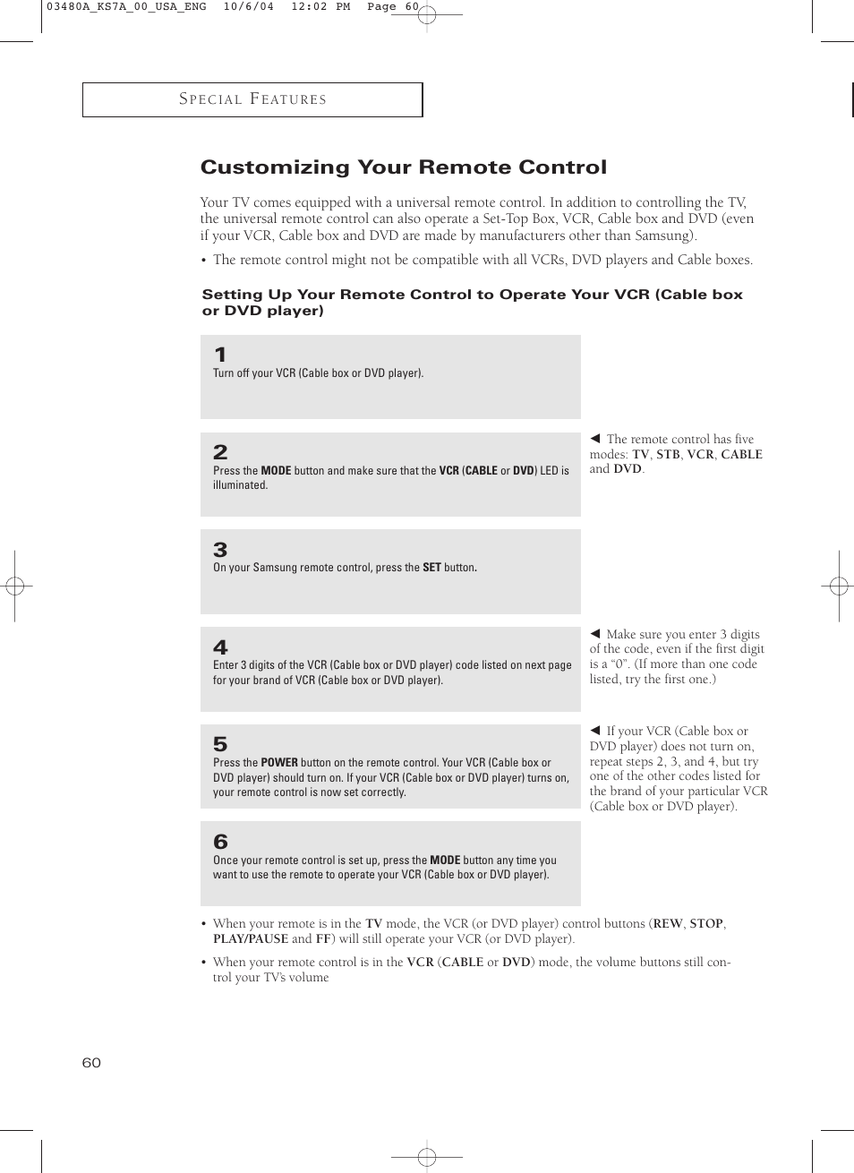 Customizing your remote control | Samsung TXP2730S-XAA User Manual | Page 60 / 63