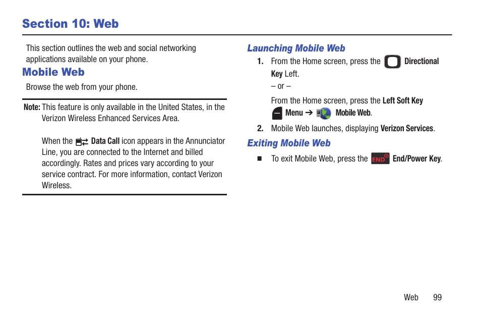Section 10: web, Mobile web | Samsung SCH-U365WSAVZW User Manual | Page 104 / 175