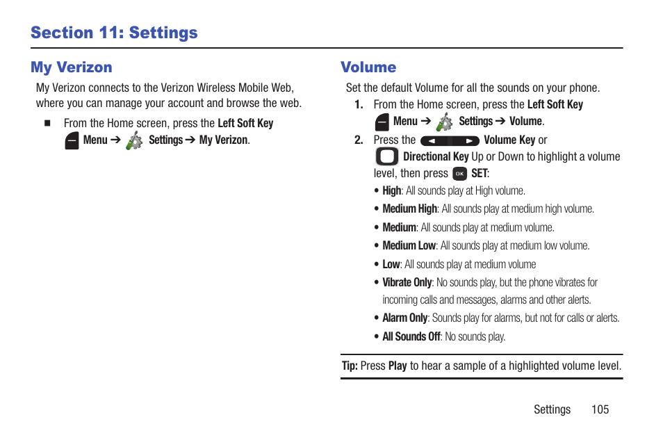 Section 11: settings, My verizon, Volume | Samsung SCH-U365WSAVZW User Manual | Page 110 / 175