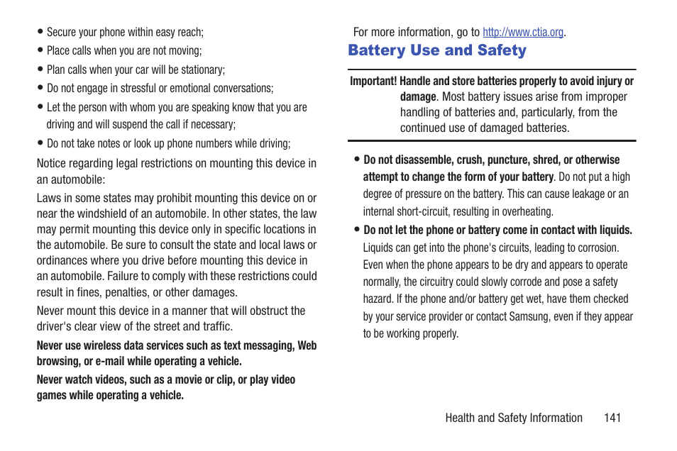 Battery use and safety | Samsung SCH-U365WSAVZW User Manual | Page 146 / 175