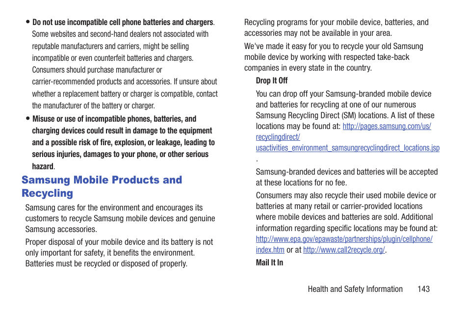 Samsung mobile products and recycling | Samsung SCH-U365WSAVZW User Manual | Page 148 / 175