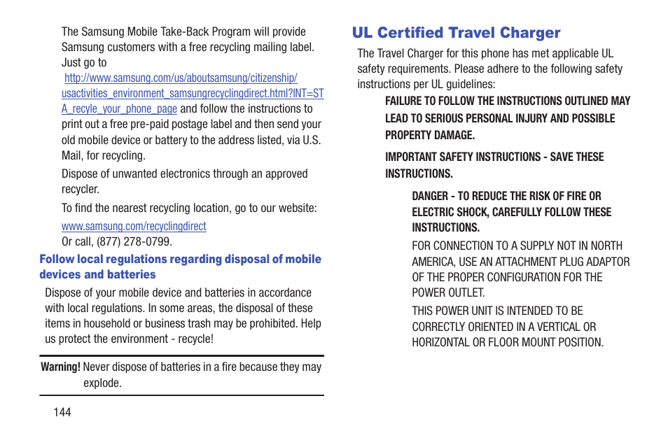 Ul certified travel charger | Samsung SCH-U365WSAVZW User Manual | Page 149 / 175