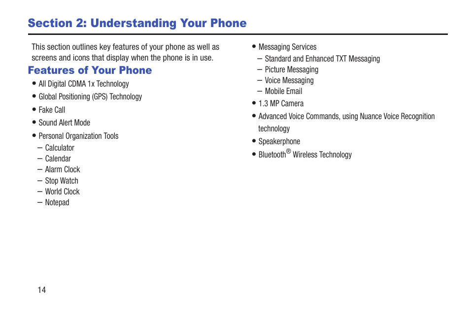 Section 2: understanding your phone, Features of your phone | Samsung SCH-U365WSAVZW User Manual | Page 19 / 175