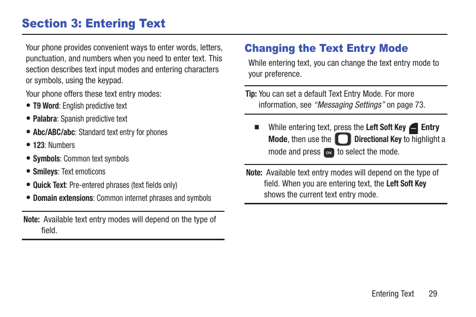 Section 3: entering text, Changing the text entry mode | Samsung SCH-U365WSAVZW User Manual | Page 34 / 175