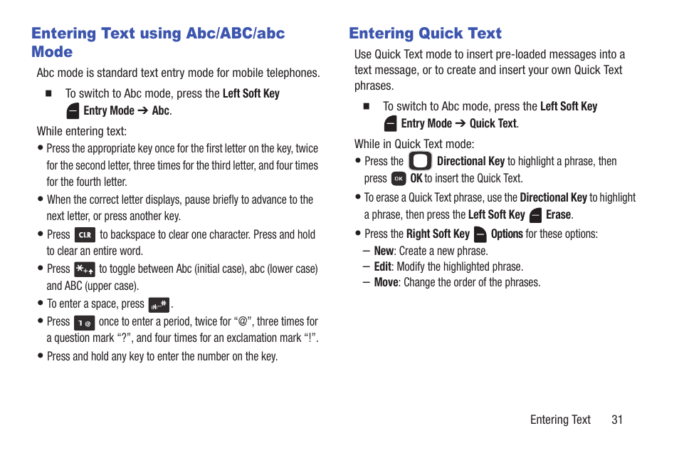 Entering text using abc/abc/abc mode, Entering quick text | Samsung SCH-U365WSAVZW User Manual | Page 36 / 175