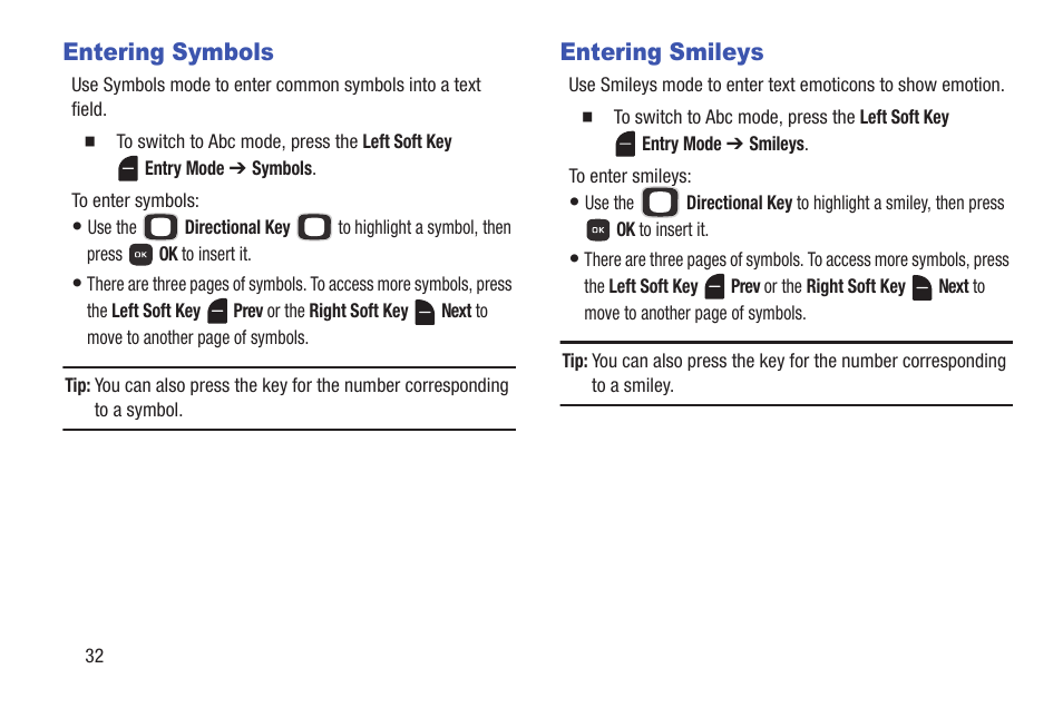 Entering symbols, Entering smileys | Samsung SCH-U365WSAVZW User Manual | Page 37 / 175